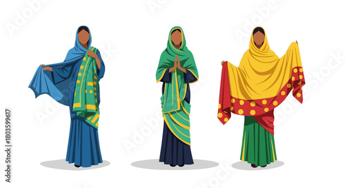 Diverse Women in Traditional Saris Cultural Illustrations of Indian Attire in Various Colors