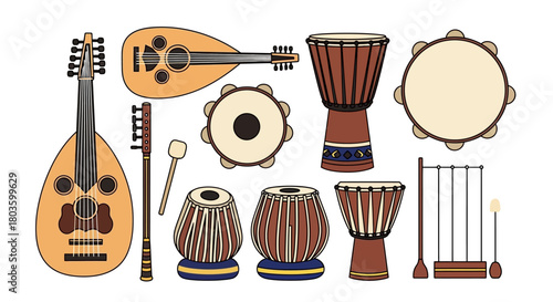 Musical Instrument Vector Set Oud, Tabla, and Percussion Instruments