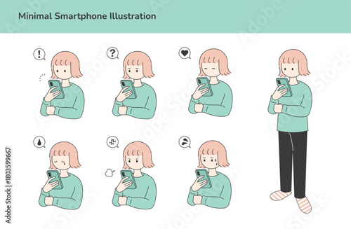 スマートフォンを見る女性キャラクターの表情バリエーションセット（6種＋全身）。ビジネス、オンラインコミュニケーション、アプリ紹介、SNS関連のデザインに使いやすいシンプルイラスト。