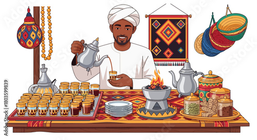 Man Pouring Tea with Traditional Decorations and Colorful Fabrics