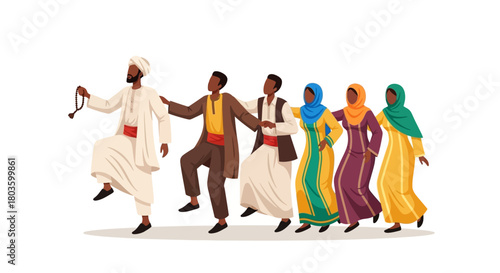 A vibrant illustration of a diverse group of people in traditional clothing performing a celebratory folk line dance together