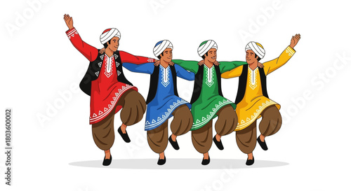 Vibrant Group of Men in Colorful Traditional Garb Performing an Energetic Cultural Folk Dance with Joyful Movement and Festive Spirit