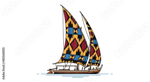 A beautifully illustrated traditional Polynesian double-hulled canoe with vibrant, geometrically patterned sails