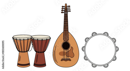 Musical Instruments Drum, Mandolin, and Tambourine, Vector Illustration for Music Education