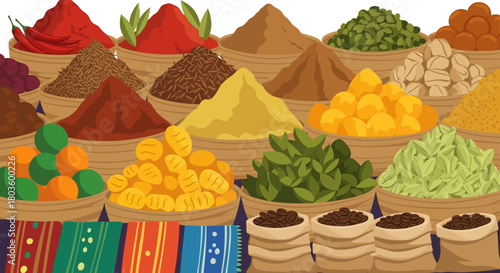 A vibrant and rich assortment of colorful culinary spices, aromatic herbs, and natural seasonings displayed in traditional market baskets and bags