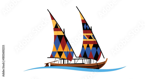 Traditional African Dhow Sailing Boat with Colorful Geometric Pattern Sails on Water