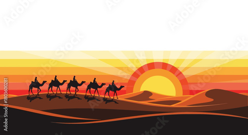 Sunset Desert Scene with Camel Caravan Silhouette A Journey Across the Sands of Time