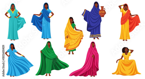 Collection of beautiful women in colorful traditional flowing dresses and sarees. Vector illustration set of diverse female characters