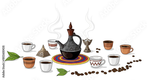 Traditional Ethiopian coffee ceremony vector illustration with a classic jebena pot, incense burner, and small cups
