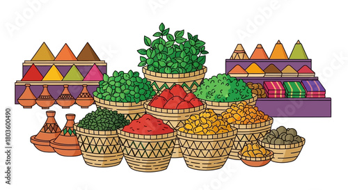 Assortment of colorful spices and herbs in woven baskets and traditional clay pots