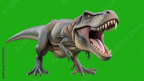 Fierce Tyrannosaurus Rex dinosaur with mouth open on a green screen background, a primeval creature from the Mesozoic era