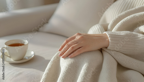 Freckled woman’s hand in a calm mood resting on linen against a bright interior background with copy space