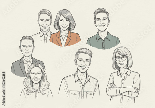 A diverse collection of hand-drawn sketch portraits of professional people