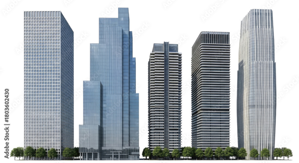 Fototapeta premium Collection of modern skyscrapers transparent background cutout png