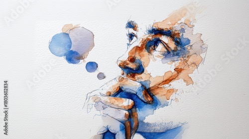 A contemplative man is thinking deeply, looking upward with a pensive face and hand on chin, surrounded by abstract blue thoughts.