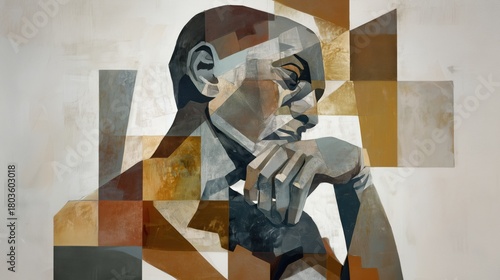 A geometric style portrait shows a guy thinking deeply, with a hand resting on his chin, pondering complex thoughts.