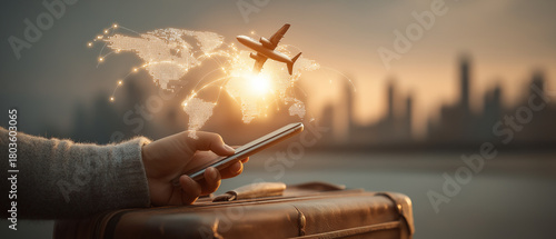 Smartphone travel app booking airplane journey over illuminated world map with city skyline