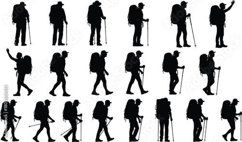 Hikers and Trekkers Silhouettes Vector Set with Backpacks and Hiking Poles Isolated on White Background for Outdoor Travel