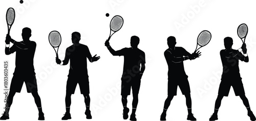 Tennis Player Action Silhouettes Set Vector Serving, Hitting, and Ready Stance Isolated on White Background for Sport Graphic