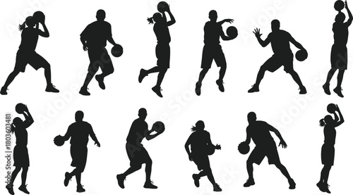 Basketball Players Action Silhouettes Set Vector Collection Dribbling, Shooting, and Jumping Isolated on White Background for Sports Theme