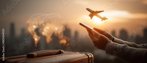 Global travel planning with smartphone and airplane concept at sunset over cityscape