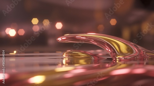 Close up of a pink and gold liquid with bokeh lights in background