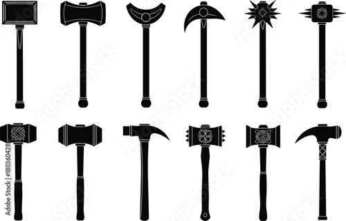 Medieval Battle Axes Maces Hammers Collection Historical Weapons Icons Set Black Silhouette Vector Illustration Isolated White Background