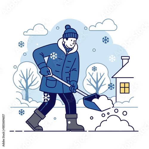 Flat illustration of a man shoveling snow during snowfall