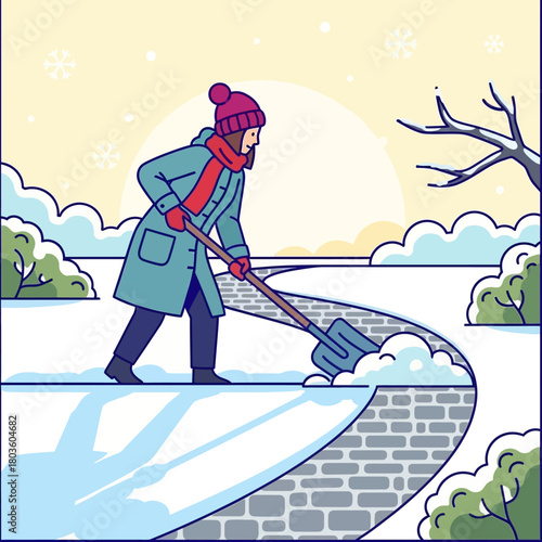  Flat illustration of a woman clearing snow from garden path