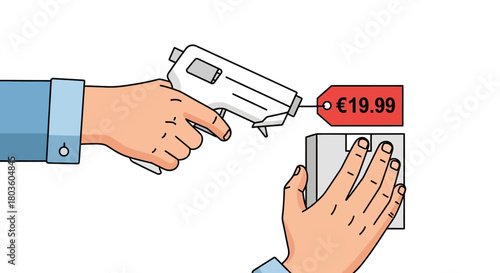 Hands tagging a product with a price tag gun, flat illustration, isolated on white