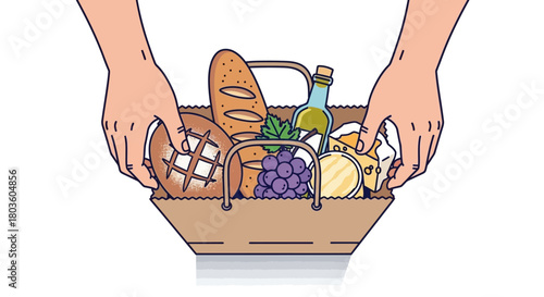 Hands placing items into a paper shopping bag, flat style.