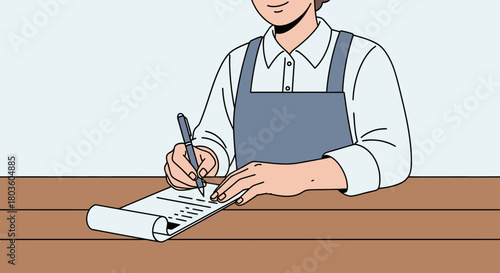 Shopkeeper hands writing on a receipt pad, flat illustration, neat and isolated