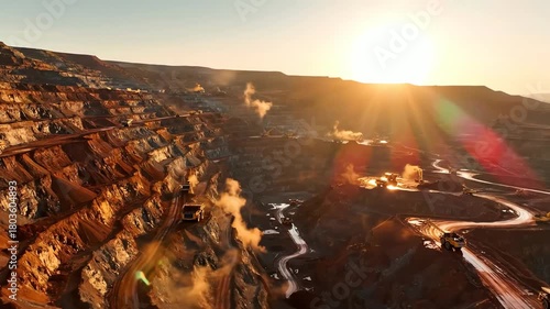 A rare earth mining valley at dawn, mist curling above terraced slopes cut deep into the earth