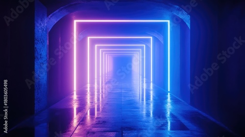 Fototapeta Naklejka Na Ścianę i Meble -  Futuristic tunnel with glowing neon light frames