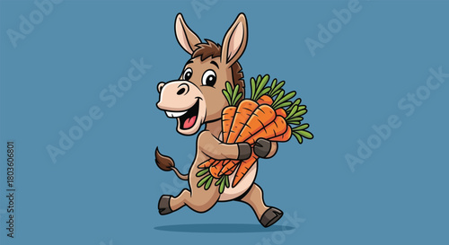 Cartoon donkey running and carrying carrots vector illustration