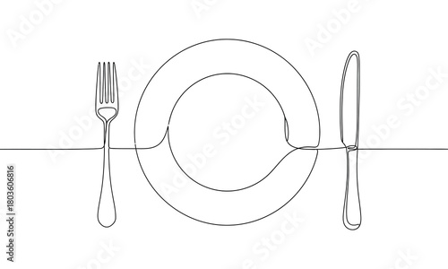 Continuous line drawing of plate fork and knife vector illustration