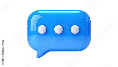 Glossy blue speech bubble with three white dots on a black ground