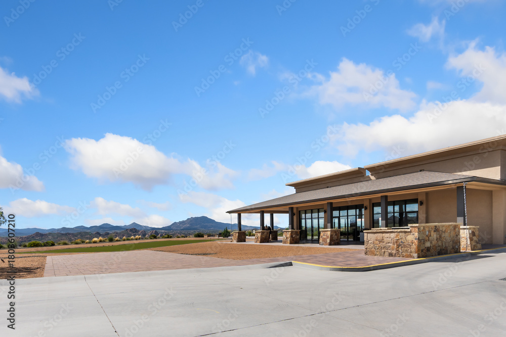 Obraz premium elegant mountain retreat, stylish outdoor seating area, beautiful panoramic view with cozy