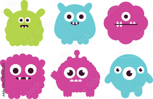 Playful set of diverse and friendly cartoon monster vector illustrations for children's designs and fun graphic projects