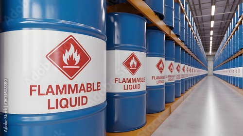 Industrial warehouse storage of blue barrels with flammable liquid warning labels symbolizing chemical safety, hazardous materials, risk management, and industrial logistics