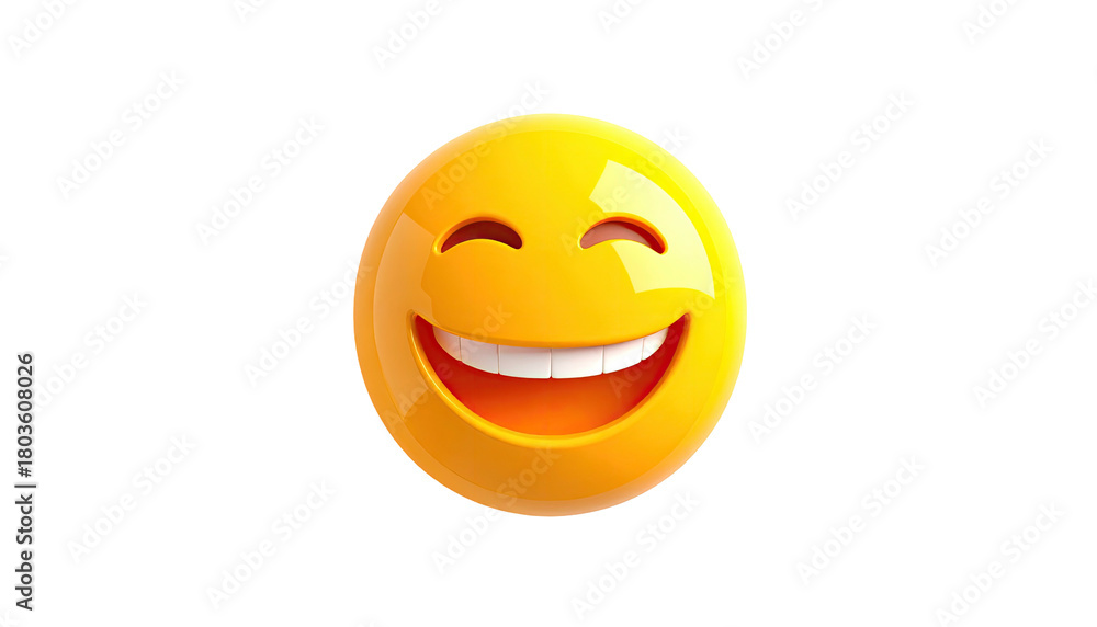 Fototapeta premium Glossy, round, bright yellow emoji with a wide, toothy smile