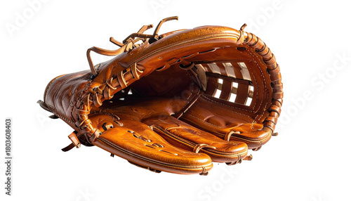 Brown leather baseball glove against a dark background