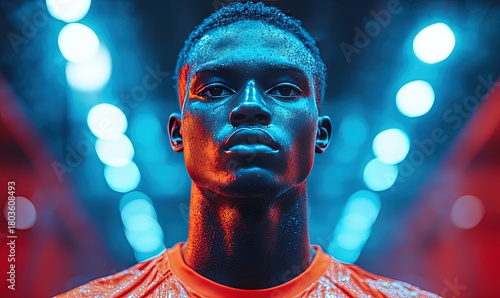 Focused african american man in athletic wear under vibrant neon lights