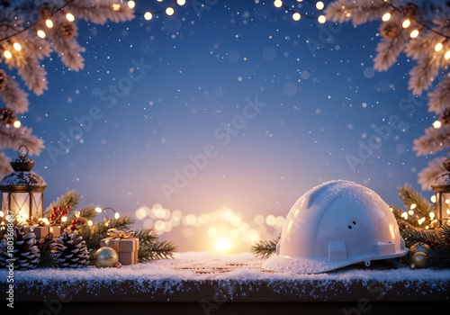 New Year's card with a construction helmet and decorations . Generative AI