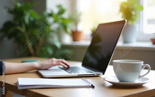 Wallpaper Mural Modern home office setup includes laptop, notebook, coffee cup on wooden desk. Green plants, minimalist decor with copy space ideal for remote work productivity. Telecommuting concept, hybrid work. Torontodigital.ca