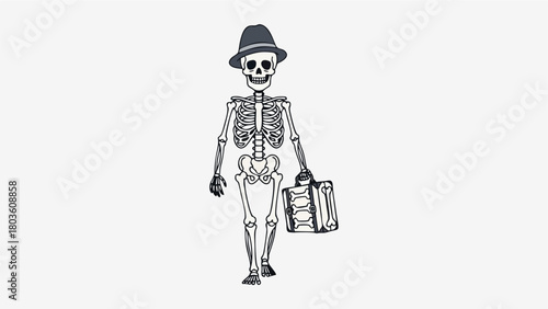 a walking human skeleton wearing a fedora hat and carrying a briefcase. This minimalist, vintage-inspired design evokes themes of death, travel, business, or mysterious errands.