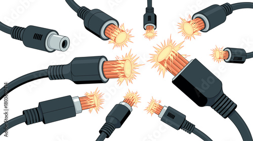Electric Cables Sparks and Broken Wires Vector Illustration