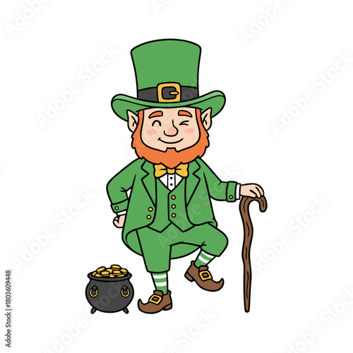Leprechaun in green suit and bowler hat standing on white background with copy space