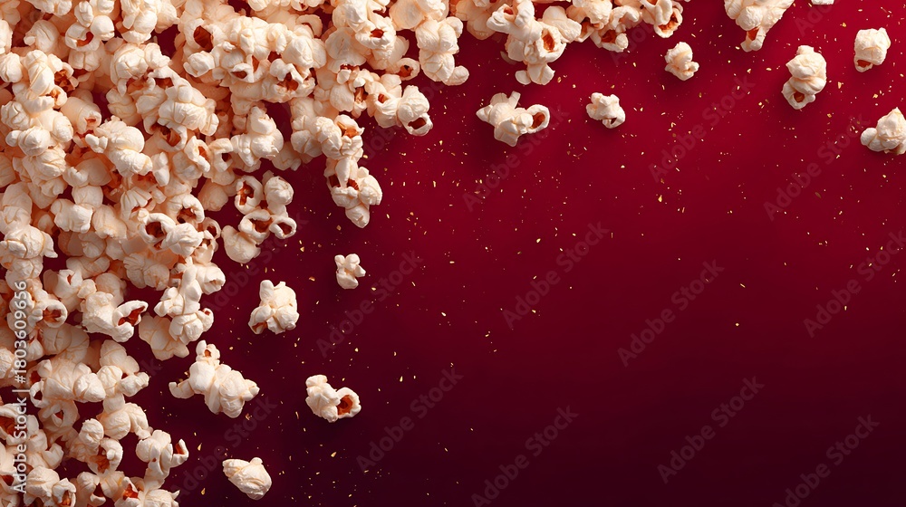 Obraz premium Popcorn Pile on Red Background with Gold Confetti Scattered Around