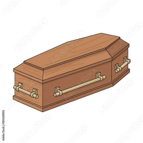 Flat illustrated wooden coffin in earthy tones, symbol of burial and mourning